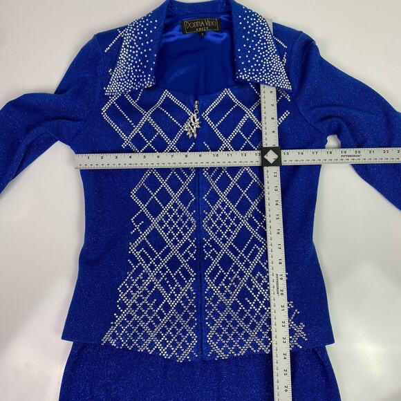 STUNNING rhinestone Donna Vinci Knits Church Skirt Suit 8 Blue Wool Blend Jewels - Picture 11 of 16